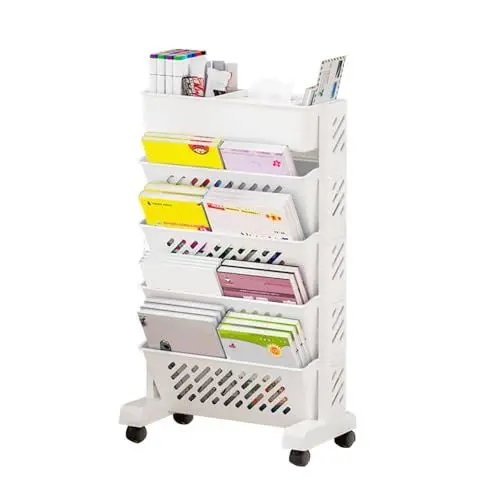 Produktbild: LANSKYLAN Mobiler Bücherregal Wagen Beweglicher Bücherregalwagen Drehbares Bücherregal Weiß mit 5 Ebenen Bücherwagen mit Rollen Bücherregal Wagen Kinder Bücherregale für Kinderzimmer Heim Büro