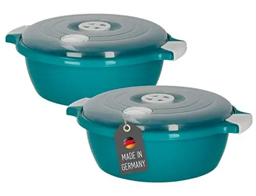 Produktbild: Lantelme 2 Stück Mikrowellenschüssel im Set mit 1,8 Liter mit Dampfventil in Deutschland hergestellt stapelbar spülmaschinengeeignet Kunststoff Schüssel für Mikrowelle Kühl- Gefrierschrank (Grün)