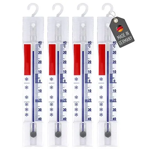 Produktbild: Lantelme 4 Stück Kühlschrankthermometer Set Temperatur + - 40°C Analog 15cm länge mit Haken zum aufhängen | Thermometer für Gefrierschrank Kühlschrank Kühltruhe Kühltheke