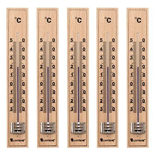 Produktbild: Lantelme 5 Stück Holz Außenthermometer Set 17cm Temperatur -30 bis +50°C Analog | Deutsche Herstellung | Thermometer für Innen Zimmer Außen Garten aus Buchenholz | Gartenthermometer (5)