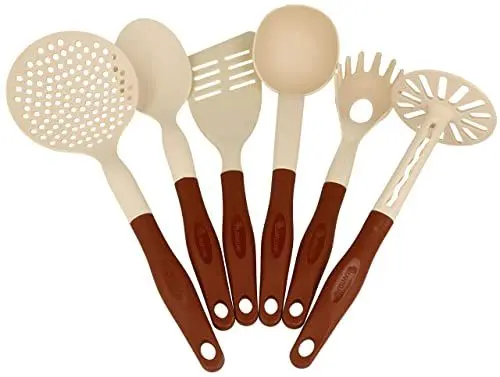 Produktbild: Lantelme Küchenhelfer Set 6 teilig | Hitzebeständiger Kunststoff, Antihaft Kochbesteck | Spülmaschinenfest, Farbe Beige und Braun | Kochgeschirr, Küchenutensilien, Kochset (Beige)