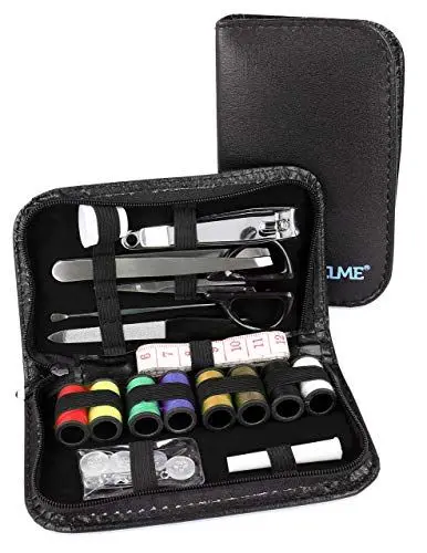 Produktbild: Lantelme Reisenähset mit Maniküreset in Ledertasche | Kompaktes Reise Notfallset mit Nadeln Fäden Nagelschere Nagelfeile und Zubehör | Praktisches Nähset Set für Zuhause Reisen und unterwegs