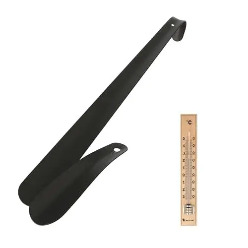 Produktbild: Lantelme Metall Schuhlöffel und Holz Thermometer im Set | 3 teilig für Innen Zimmer Außen Garten | Schuhanzieher XL Schuhanziehhilfe lang und kurz Länge 40 und 16cm klein für die ganze Familie