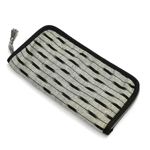 Produktbild: Lantern Moon Tasche für Strickzubehör – Tasche aus Baumwolle mit Reißverschluss – Aufbewahrung für Strickgeräte, Häkelnadeln, Kabel, Notizen, 19 x 10,5 x 3 cm, grau, schwarz, 19 x 10.5 x 3cm, Ikat