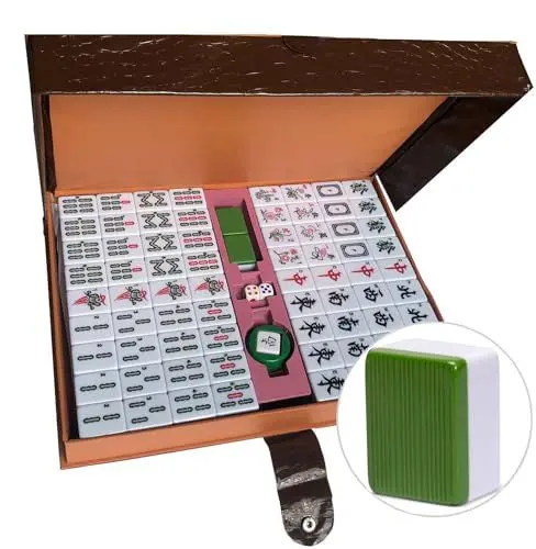 Produktbild: LANYOTA Mahjong-Set Großes Elfenbeinfarbe Ziegeln Mit Arabische Ziffern Fliesen Chinesisches Mahjong-Spielset 146 Tiles Majiang(grün)