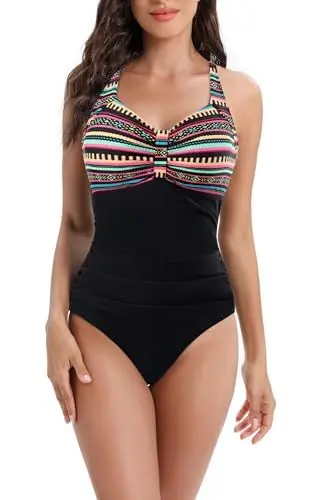 Produktbild: Laorchid Badeanzug Damen Bauchweg für Damen Bademode V Ausschnitt Badeanzug Monokini high Waist Sport Schwimmanzug Raffung Böhmen Streifen mit Schwarz XXXL
