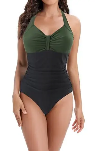 Produktbild: Laorchid Badeanzug Damen Bauchweg für Damen Bademode V Ausschnitt Badeanzug Monokini high Waist Sport Schwimmanzug Raffung Dunkel Grün mit Schwarz L