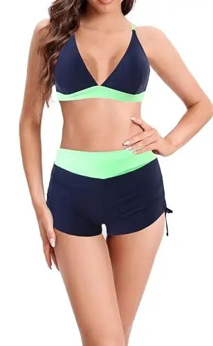 Produktbild: Laorchid Zweiteiler bademode Bikini Push up Damen sportlich Bikini Set Tankini Badeanzug Bikini top mit Shorts Böhmen Streifen mit Schwarz Mit Grün Streiffen L