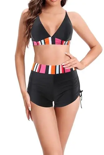 Produktbild: Laorchid Zweiteiler bademode Bikini Push up Damen sportlich Bikini Set Tankini Badeanzug Bikini top mit Shorts Schwarz Mit Böhmische Streiffen M