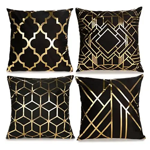 Produktbild: LAPONO 4 Stück samt Kissenbezug 45x45cm quadratische dekorative kissenhülle doppelseitige sofakissen Set couchkissen Schlafzimmer Kissen Wohnzimmer deko Polster kissenbezüge (Pillowcase-Black Gold)