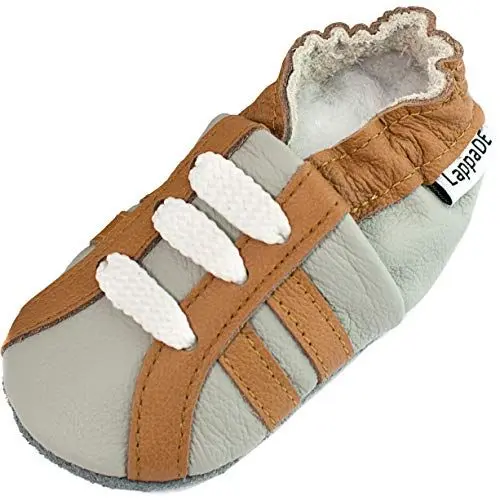 Produktbild: Lappade Sport grau braun Wildleder Jungen Sportsneaker Lederpuschen Hausschuhe Krabbelschuhe Baby Lauflernschuhe mit Ledersohle (Gr. 19/20 EU M, Art. 118)