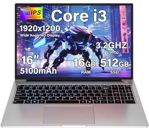 Produktbild: 2025 Laptop 16 Zoll 16 GB RAM 512 GB SSD mit 1-TB-Erweiterung, Laptop Win 11 Core i3-1000NG4 (bis zu 3,2 GHz), 1920 x 1200丨WIFI, 2,5, BT4.2-Funkmaus und Deutscher-Tastaturgehäuse – Silber