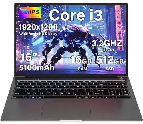 Produktbild: 2025 Laptop 16 Zoll 16 GB RAM 512 GB SSD mit 1-TB-Erweiterung, Laptop Win 11 Core i3-1000NG4 (bis zu 3,2 GHz), 1920 x 1200丨WIFI, 2,5, BT4.2-Funkmaus und Deutscher-Tastaturgehäuse – Grau
