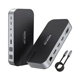 Produktbild: Laptop Docking Station, MOKiN 16 in 1 Docking Station USB C Dock mit Dual Monitor Display mit 2 HDMI 4K, DP, VGA, RJ45,100W PD für Dell Surface Lenovo
