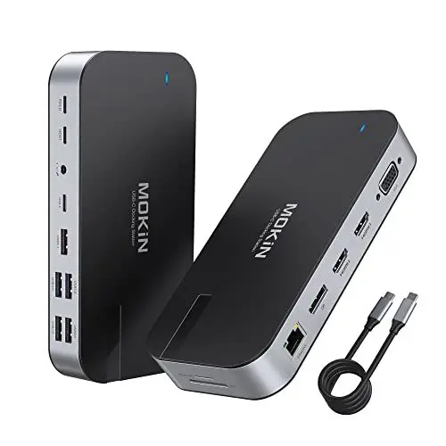 Produktbild: Laptop Docking Station, MOKiN 16 in 1 Docking Station USB C Dock mit Dual Monitor Display mit 2 HDMI 4K, DP, VGA, RJ45,100W PD für Dell Surface Lenovo