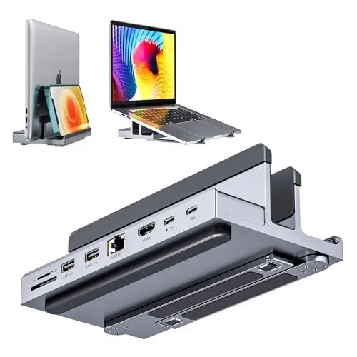 Produktbild: USB C Dock, QUUGE 8-in-1 MacBook Dock mit HDMI 4K@60Hz, 2X USB 3.0, Gigabit Ethernet, 100W PD, SD/TF 3.0, Laptop Docking Station mit Ständer für MacBook Air/Pro M3, Dell XPS, HP Spectre, Lenovo Yoga
