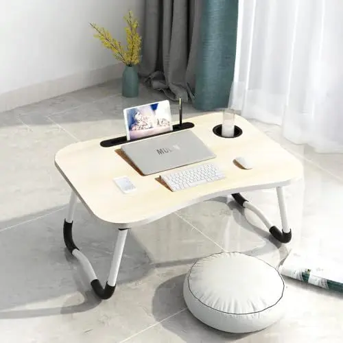 Produktbild: Laptoptisch, Betttablett, Laptop Betttisch Klappbar Tragbar, Frühstücksbrett NotebookTisch, Getränkehalter, Büchertablett, PAD Ständet, für Wohnzimmer Büro und Unterwegs Sofa Boden|60 x 40 cm, Weiß
