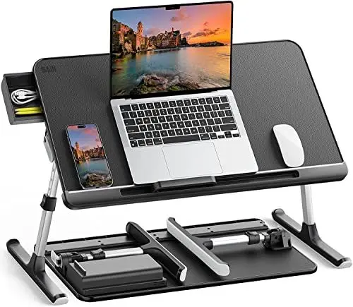 Produktbild: Laptoptisch Betttisch, SAIJI 100% E0 Eco Holzplatte Verstellbarer Betttisch, mit Schublade, klappbare Beine, 40kg Belastung, Tischplatte aus PVC-Leder Lesen,Essen für Bett und Sofa