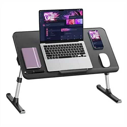 Produktbild: laptoptisch, SAIJI Betttisch, Dicker stabil Füße, Höhenverstellbar und Winkelverstellbar, genügend Maus Platz, bis zu 17in Laptop, für Homeoffice, Frühstücken, Lernen, Zeichnen (Schwartz, 60 * 33cm)