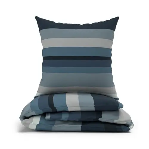 Produktbild: LARAWELL Bettwäsche 135x200 Baumwolle ganzjahres Bettwäsche-Sets grau blau Streifenmuster Premium