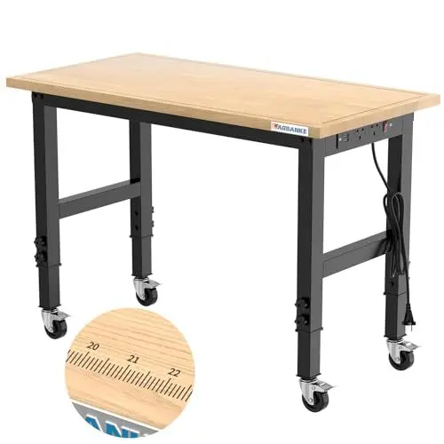 Produktbild: LARBANKE 120CM Schwerlast-Werkbank für die Garage,Gummi Holz Werkbank hat einstellbare 5 Verschiedene Höhen,Hartholz Arbeitstisch Gewicht Kapazität über 900KG,für Werkstatt,Garage, Büro,Haus