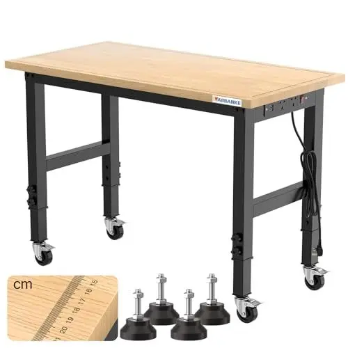 Produktbild: LARBANKE 120CM Verstellbare Werkbank,Werkbank aus Gummibaumholz mit Maßstäben,Höhen von 85-105cm,900KG Belastbarkeit Hartholz Arbeitstisch,Werkbänke mit Rädern und Fußpolster