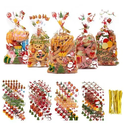 Produktbild: Larcenciel 100 Stück Cellophantüten Weihnachten, 4 Arten von Plätzchentüten Süßigkeiten Tüten mit Süßer Weihnachtsmann und Schneemann, Zellophantüten Weihnachtstüten für Kekse, Süßes, Popcorn, 28x14cm