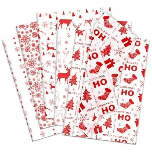 Produktbild: Larcenciel Weihnachten Seidenpapier 50 Blatt, Rot Weiß Seidenpapier Verpackungsmaterial für Geschenktüten & Füllmaterial, Matt Transparentpapier mit Schneemann Muster für Party, Neujahr, 50x35CM