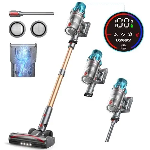 Produktbild: Laresar Ultra7 45000Pa/550W/60 Min Akku Staubsauger, Wandmontierte Ladestation, Aufrecht, Kabelloser Staubsauger mit Touchscreen und Anti-Tangle-Bürste für alle Arten von Hartböden und Teppichen