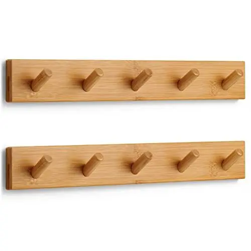Produktbild: LARHN Garderobenhaken Holz (2 Stück) - Garderobenleiste Holz mit 5 Haken - 43 cm - Kleiderhaken Wand - Wandgarderobe für Flure, Garderoben, Schlafzimmer und Badezimmer