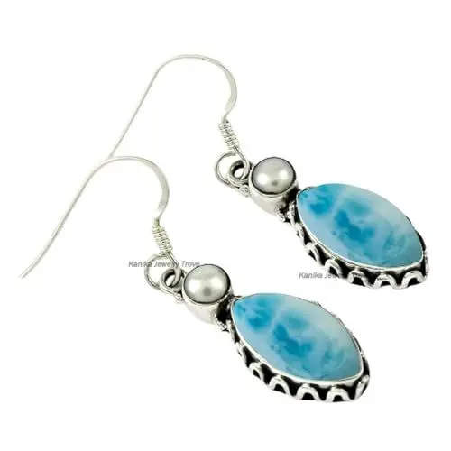 Produktbild: Larimar, Pearl 925 Sterling Silver Handmade Dangle Hook Earrings, 7x14mm Marquise Gemstone Earrings for Women, Christmas Gift