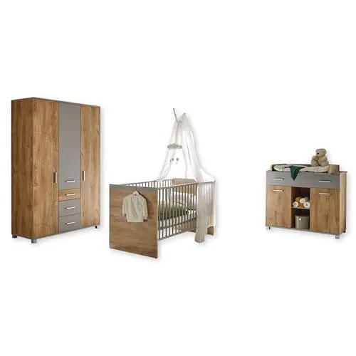 Produktbild: LARISSA Babyzimmer Komplett-Set in Bolton Oak Optik / Arktisgrau - Babyzimmer Möbel-Set 3-teilig bestehend aus Kleiderschrank, Babybett & Wickelkommode