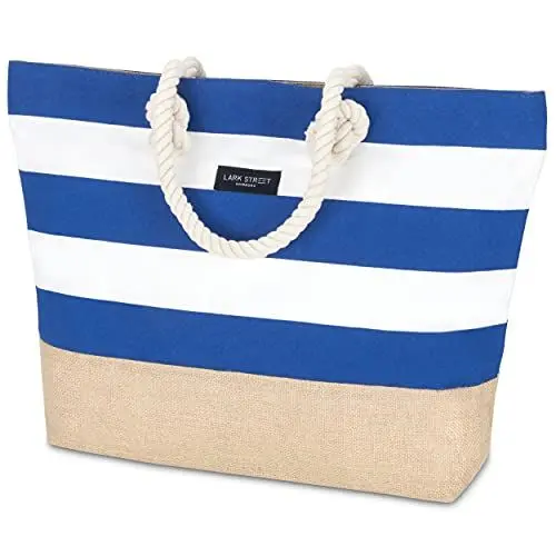 Produktbild: LARK STREET Strandtasche Blau Gestreift Beach Bag für Damen & Herren aus robustem Baumwoll Canvas & Jute - Badetasche mit Breiten Kordeln für angenehmen Große Tasche mit Reißverschluss