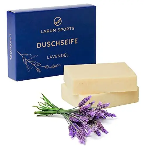 Produktbild: larum sports Lavendel Seife, Duschseife, festes Duschgel, feste Seife für Haare, Körper, Gesicht, festes Shampoo, Naturseife ohne Zusatzstoffe, 2x 90g