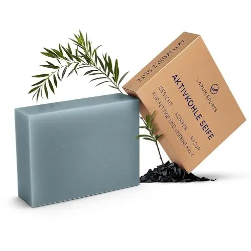 Produktbild: larum sports Black Soap, feste Duschseife Männer, Aktivkohle Seife gegen Akne und Pickel, Naturseife, Seife Stück, feste Seife Männer, schwarze Seife, festes Duschgel Männer, African Black Soap 85g
