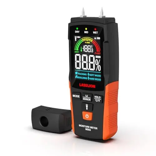 Produktbild: LASELION 2-in-1 Feuchtigkeitsmessgerät mit Stift- und Stiftlos-Modus – Für Holz, Beton, Trockenbau, Karton u.v.m. – LCD-Anzeige, Hold-Funktion, Taschenlampe, automatische Abschaltung MS03
