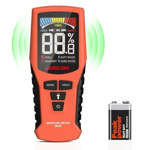 Produktbild: LASELION Stiftlose Wand Feuchtigkeitsmessgerät MS02 Nicht-invasive Feuchtigkeitsmesser Detector Holzfeuchtemessgerät mit Großem Farbdisplay, Batterien, 4 Modi für Holz Brennholz Wände Baustoffen