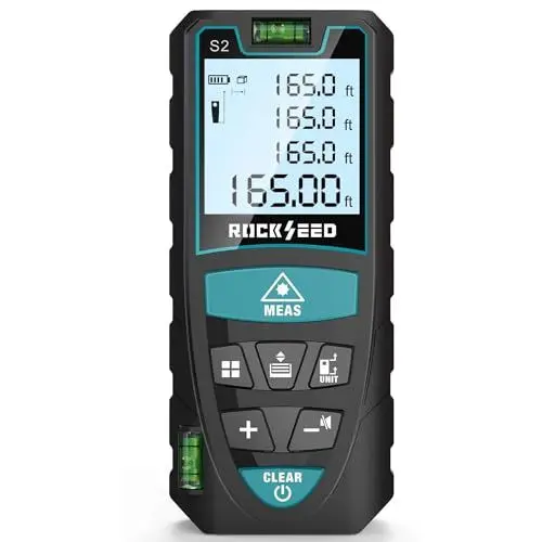 Produktbild: Laser-Entferungsmesser 50M,RockSeed Digitaler Lasermessgerät mit 2 Blasenebenen,Tragbarer Lasermessgerät M/In/Ft Einheit Hintergrundbeleuchtetes LCD zur Messung Entfernung/Fläche/Volumen/Pythagorean