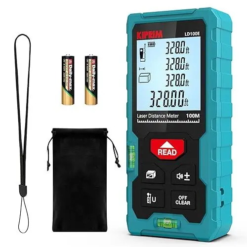Produktbild: Laser Entfernungsmesser Hohe Genauigkeit, 100 m, Kiprim LD100E, Laser-Maßband, Kompaktes Laser-Messgerät mit Größerem Hintergrundbeleuchtetem LCD-Display, ft/m/in-Umschaltung, Wasserwaage