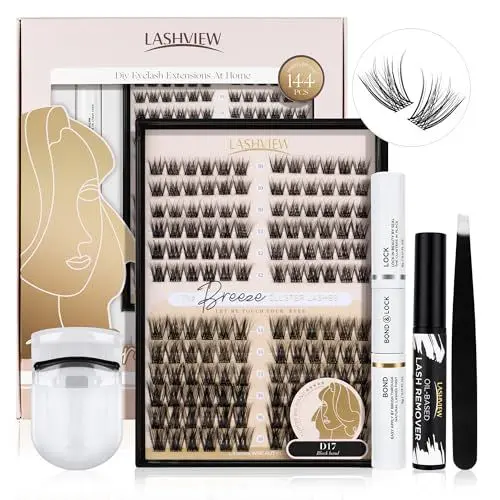 Produktbild: LASHVIEW DIY Lash Extension Kit, 144 Pcs Lash Clusters with Lash Bond and Seal, Mascara Brush Cluster Lash Glue Remover, Lash Applicator and Travel Eyelash Curler(D17 Style-C)