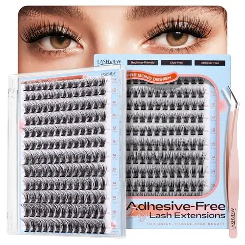 Produktbild: LASHVIEW Selbstklebende Wimpern, Press On 156Pcs Kein Kleber benötigt Wimpernbüschel Beinhaltet Büschel 1 Applikator Einfach aufzutragen Selbstanwendung zu Hause DIY Wimpernverlängerung Kit 10-16mm