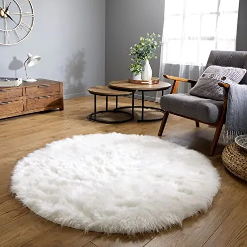 Produktbild: Latepis Teppich Rund 200cm Flauschiger Teppich Schaffell Kunstfell Wohnzimmer Weiss Teppich Groß Waschbarer Teppich Schlafzimmer Shaggy Warm Teppich