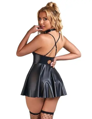Produktbild: ohyeahlady Latex Kleider für Damen Curvy Dessous Damen Sexy Unterwäsche Elegant Kurz Lederkleid Kunstleder Partykleid Minikleid Clubwear Mollige Reizwäsche Frauen Outfit Schwarz,M