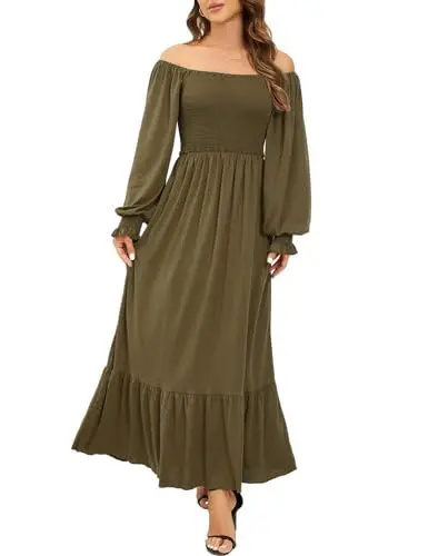 Produktbild: LATH.PIN Damen Freizeit Maxikleid Elegant Einfarbiges Kleid mit schulterfreiem Design quadratischem Ausschnitt gerafftem Schwung A-Linien Langen Ärmeln Cocktailkleid Abendkleider