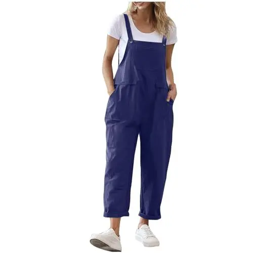 Produktbild: Latzhose Blau Damen Stoff Einfarbiger, modischer, lässiger, lockerer Latzhosen-Overall für Damen Damen Overall (Dark Blue, M)