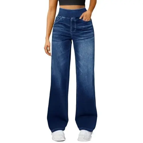 Produktbild: YCBMINGCAN Damen Jeans High Waist mit Komfortbund, Wide Leg Stretch-Denim Hose ohne Reißverschluss, Bequeme Straight Leg Freizeithose