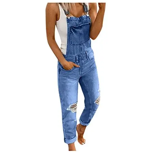 Produktbild: Latzhose Damen Jeans Lang Jeanslatzhose Denim Stretch Straight Leg Jeans Overall Damen Bib Jean Jumpsuits Denim Latzhose Overall Zerrissen Distressed Lange Hosen Jeans Latzhose (Z0AA-Blue, XXXXXL)