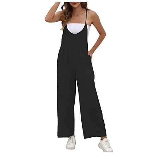 Produktbild: Latzhose Damen Sommer Latzhose Damen Lang Weites Bein Jumpsuit Damen Elegant Kuschelig Baggy Eleganter Overall Frauen Weit Lange Beine Einfarbig Latzhosen Locker Träger Hose Leicht