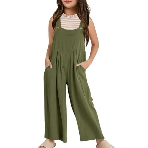 Produktbild: Latzhose Mädchen Weit Bein Jumpsuit Kinder Ärmellos Coole Overall Einfarbig Lang Hose Teenager Arbeitshose Outdoor Locker Lässige Strampler Kleidung (Green, 7-8 Years)