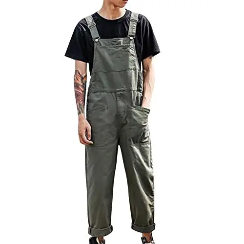 Produktbild: Latzhose für Herren, modische, entspannte Passform, lässiger Overall aus Baumwolle, leichte Latzhose mit Zimmermannshose (Green, M)